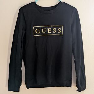 GUESS Women's Black Crewneck Sweater with Rhinestone Gold Logo